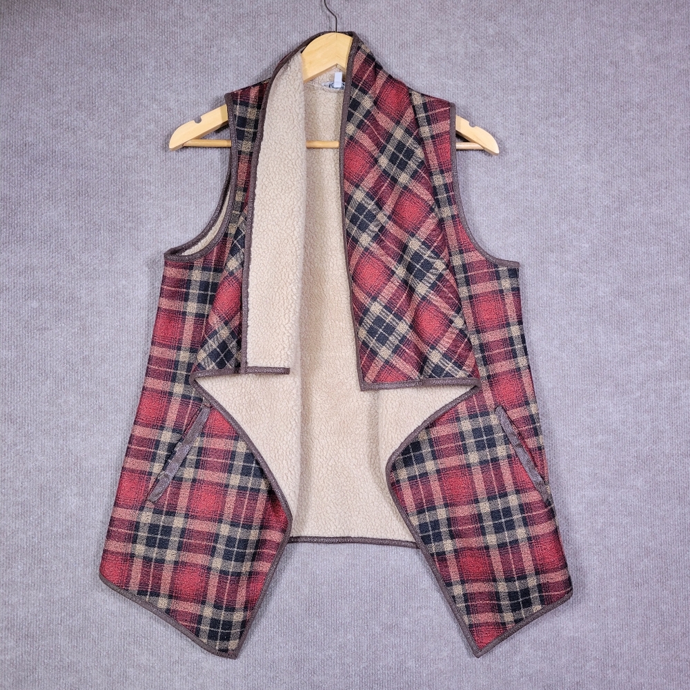 JODIFL Cardigan Womens Small Fuax Fur Lined Plaid Red and Beige Vest